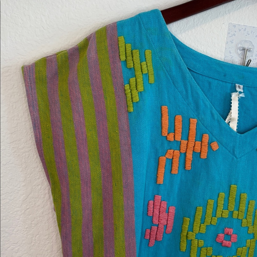 Uncle Frank Pink and Lime Striped Mini Dress with Blue Stitching - Picture 3 of 11